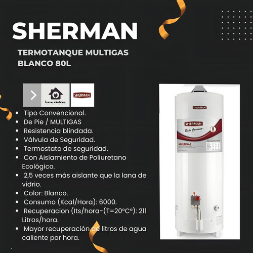 Termotanque 80 Lts Sherman Tpgp080msh13 Gas Conex Sup De Pie Color Blanco
