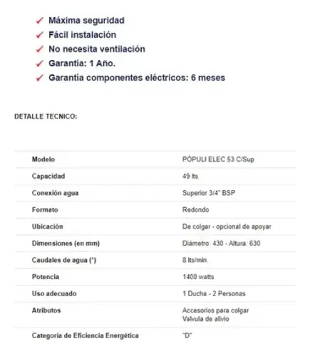 Termotanque Populi 53lts Electrico Carga Superior Tpop70s053 Blanco