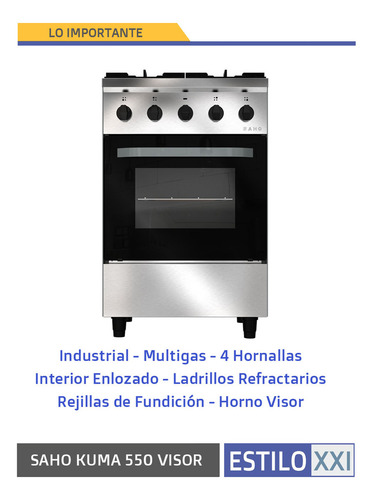 Cocina Industrial Saho Kuma 550 4 Hornallas Puerta Visor Color Plateado