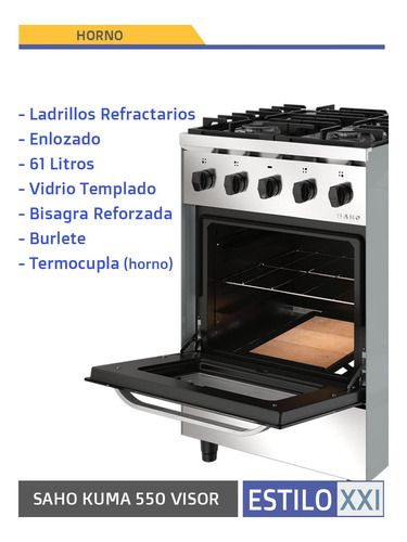 Cocina Industrial Saho Kuma 550 4 Hornallas Puerta Visor Color Plateado