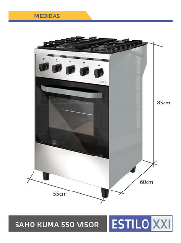 Cocina Industrial Saho Kuma 550 4 Hornallas Puerta Visor Color Plateado