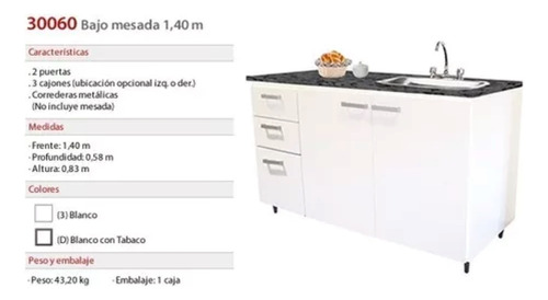 Bajo Mesada 1.40 X 0.58 Melamina Platinum 2p 3c 300603 Blanc Blanco