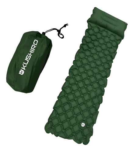 Colchoneta Inflable Kushiro Camping Con Almohada Y Bolsa Color Verde