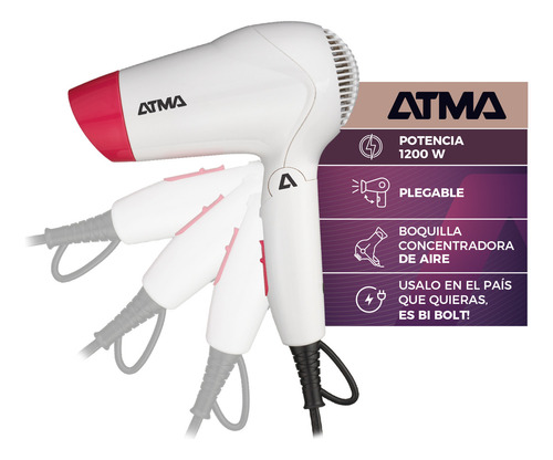 Secador De Pelo Atma 1200 W Shine Travel 2 Velocidades Plegable Blanco