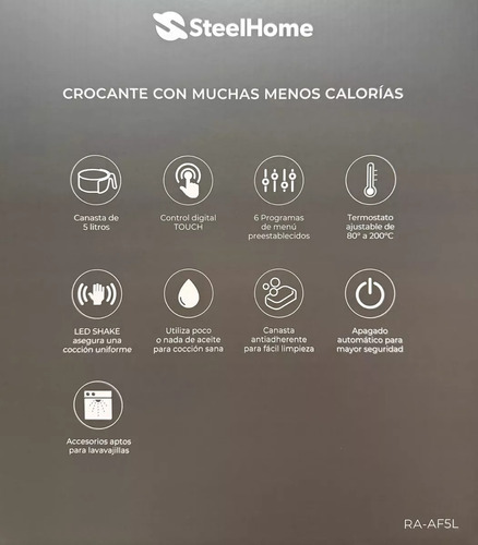 Freidora De Aire Steel Home Ra-af5l Air Fryer 1500w 5 Litros - Negro