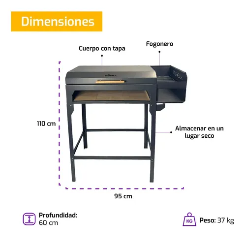 Parrilla Tromen Móvil A Leña Con Tapa Y Compartimento Para Carbón Negra Negro