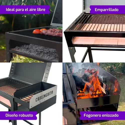 Parrilla Tromen Móvil A Leña Con Tapa Y Compartimento Para Carbón Negra Negro