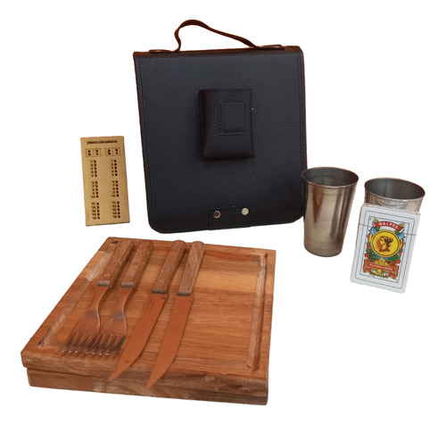 Set Asado X2 Tablitas,cubiertos,vasos,naipes Bolso Ecocuero