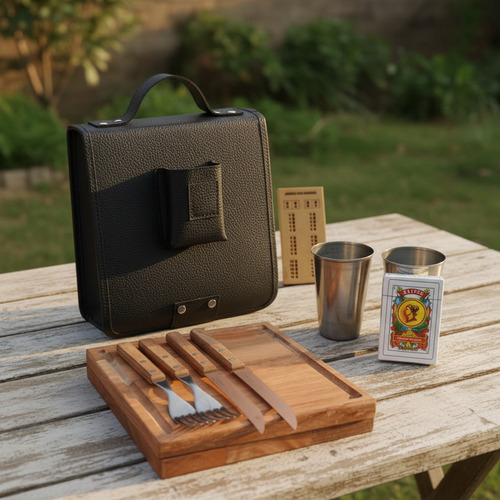 Set Asado X2 Tablitas,cubiertos,vasos,naipes Bolso Ecocuero