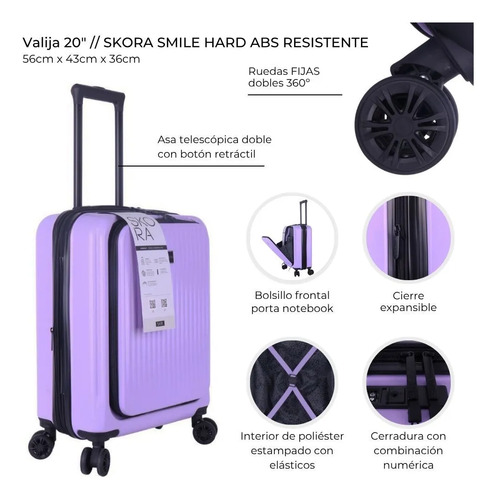 Valija Skora 20'' Carry On Lila. Bolsillo Frontal Rueda Fija Lila Lisa