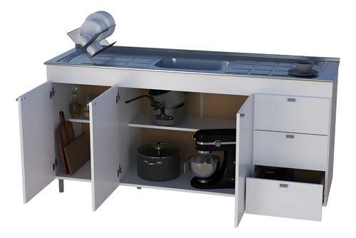 Bajo Mesada Cocina Orlandi 3puertas 3cajones Blanco Melamina Blanco