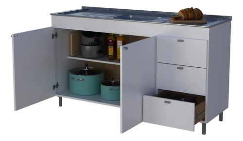 Bajo Mesada Orlandi Eco 1.20 3 Cajones 2 Puertas Cocina Blanco