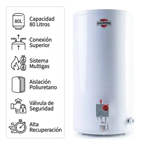 Termotanque 80 Lts Sherman Tpgp080msh13 Gas Conex Sup De Pie Color Blanco