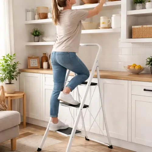 Escalera Tijera Plegable 3 Escalones Antideslizantes Onebox Ob-e3 Acero 150kg Blanco
