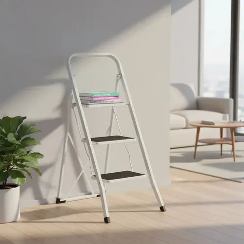 Escalera Tijera Plegable 3 Escalones Antideslizantes Onebox Ob-e3 Acero 150kg Blanco
