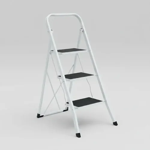 Escalera Tijera Plegable 3 Escalones Antideslizantes Onebox Ob-e3 Acero 150kg Blanco