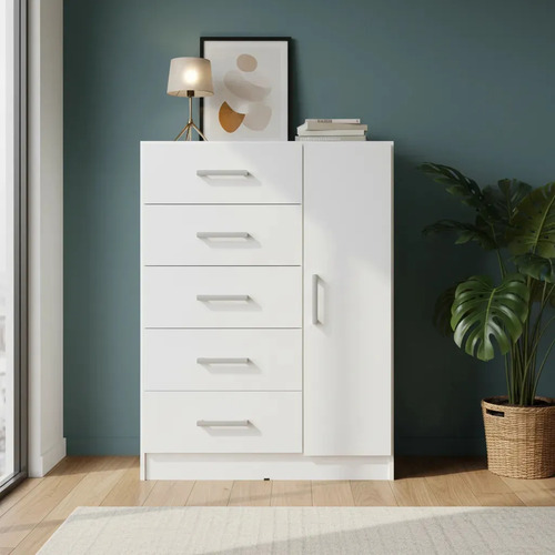 Cajonera Cómoda Chifonier 5 Caj 1 Pta Guia Metálica 90 Cm Color Blanco