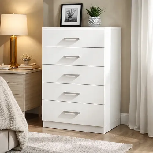 Chifonier Muebles Orlandi Melamina 5 Cajones Blanco Moderno 59x45x121.5cm