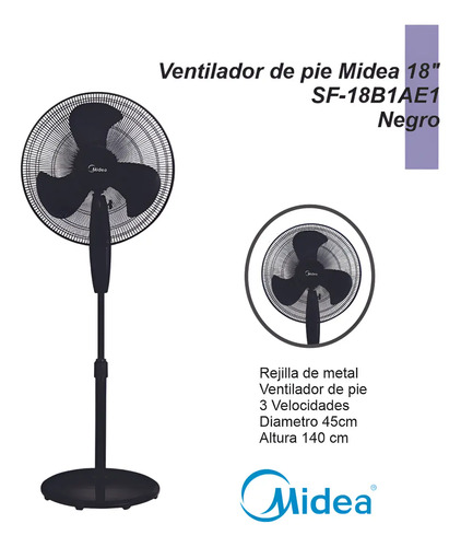 Ventilador Pie 18 Midea Sf-18b1ae1 75w 3vel. Negro/rej. Met. 45 Cm