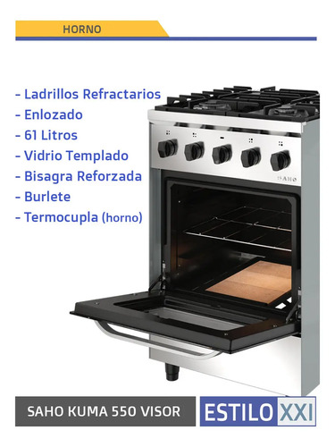 Cocina Industrial Saho Kuma 550 4 Hornallas Puerta Visor Color Plateado
