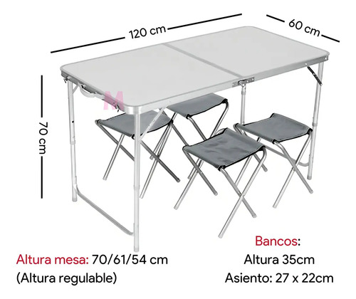 Mesa Plegable Aluminio Camping Con 4 Bancos Valija Playa Color Plateado