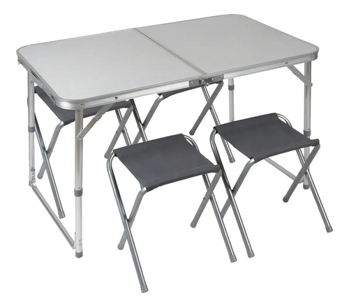 Mesa Plegable Aluminio Camping Con 4 Bancos Valija Playa Color Plateado