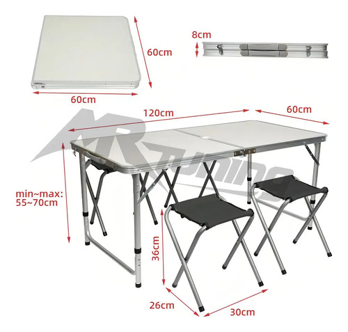 Mesa Plegable Aluminio Camping Con 4 Bancos Valija Playa Color Plateado