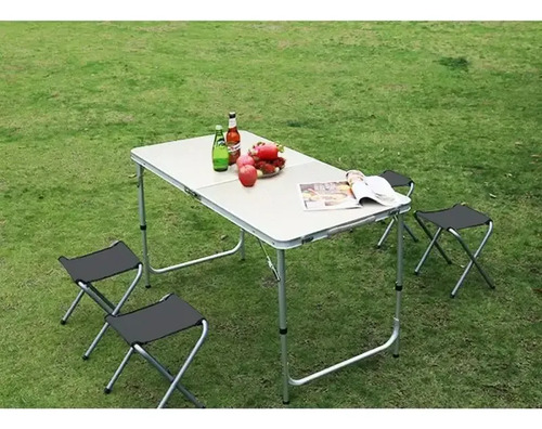 Mesa Plegable Aluminio Camping Con 4 Bancos Valija Playa Color Plateado