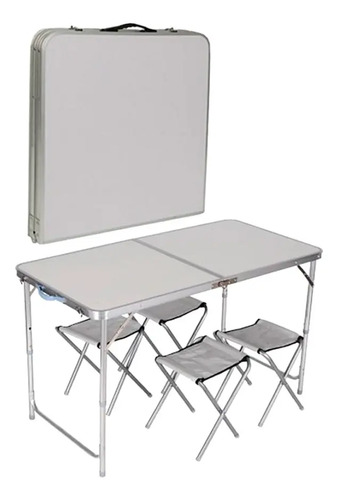 Mesa Plegable Aluminio Camping Con 4 Bancos Valija Playa Color Plateado