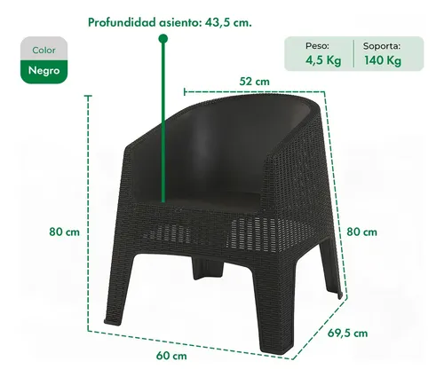 Sillón Ibiza Jardin Ratan Sintético Exterior Gardenlife Color Negro