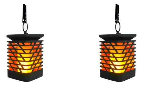 Set X2 Farol Luz Lampara Solar Efecto Llama Pared O Parado Negro