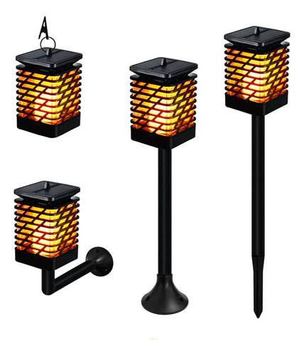 Set X2 Farol Luz Lampara Solar Efecto Llama Pared O Parado Negro