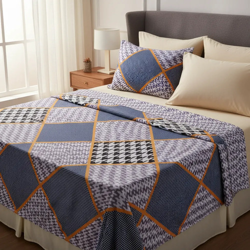 Sabana 1 1/2 Love & Home Microfribra Forma Geometrica Negr Negro Y Violeta
