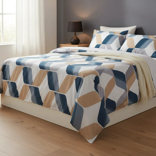 Sabana 1 1/2 Love & Home Microfribra Forma Geometrica Azul Y Naranja
