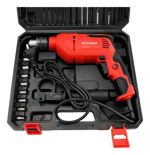 Taladro Percutor Electrico De Impacto Miyawa 13mm 710w Vel Variable Con Maletin & Accesorios Rojo