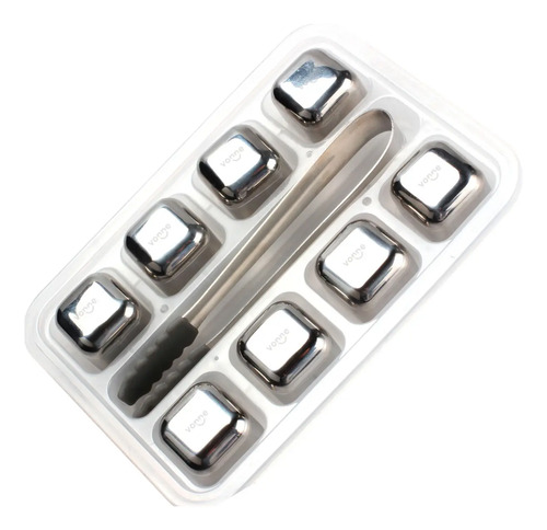 Set X 8 Cubos Hielos Reutilizables Acero Inox + Pinza Plateado