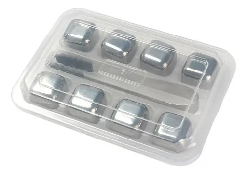 Set X 8 Cubos Hielos Reutilizables Acero Inox + Pinza Plateado