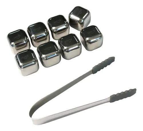 Set X 8 Cubos Hielos Reutilizables Acero Inox + Pinza Plateado