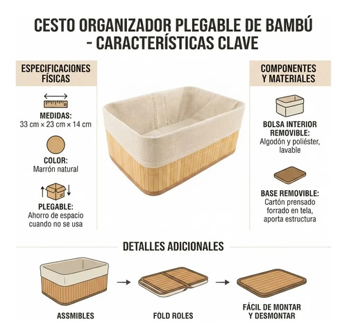 Cesto Organizador Plegable De Bambú Rentangular 33x23x14 Cm Marrón Natural