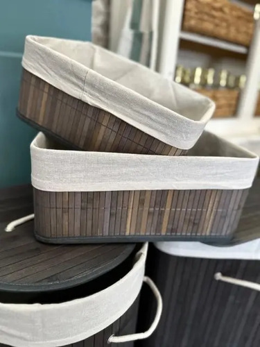 Cesto Organizador Caja Bambu Gris 38x28x16cm Plegable Baño
