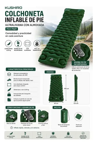 Colchoneta Camping Ultraliviana Con Almohada C/inflador Verde