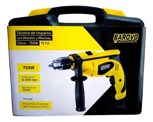 Taladro Percutor Atornillador 13mm 750w Mechas Puntas Maletin Barovo Amarillo