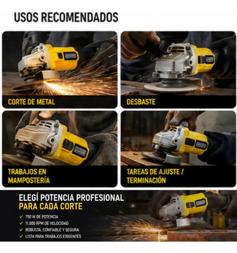 Amoladora Angular 4 1/2 750 Wts Barovo Aa75b Color Amarillo Frecuencia 50 Hz