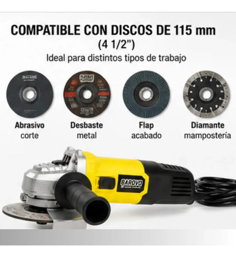 Amoladora Angular 4 1/2 750 Wts Barovo Aa75b Color Amarillo Frecuencia 50 Hz