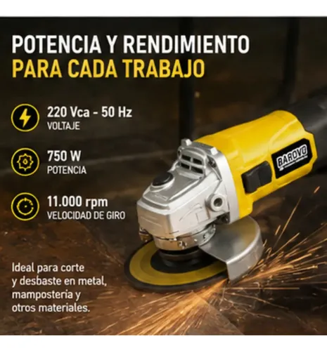 Amoladora Angular 4 1/2 750 Wts Barovo Aa75b Color Amarillo Frecuencia 50 Hz