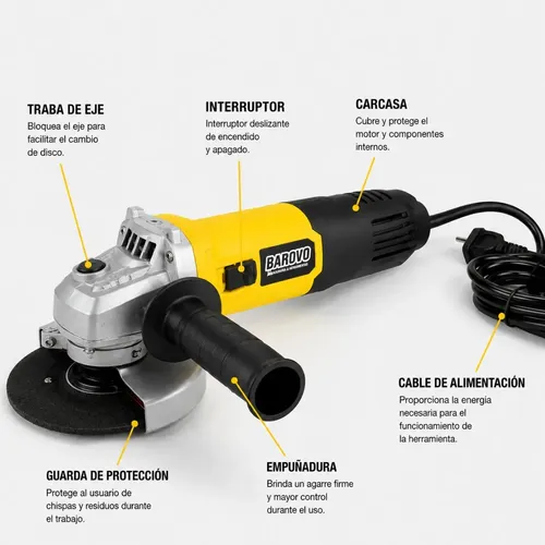 Amoladora Angular 4 1/2 750 Wts Barovo Aa75b Color Amarillo Frecuencia 50 Hz