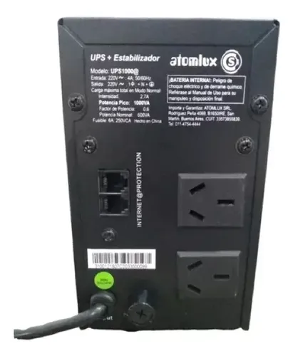 Ups Atomlux 1000a 2 Tomas Rango Reg. 165-275vca Apto P/grupo Negro