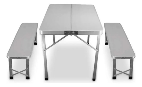 Kushiro Spalu03 Mesa Plegable Aluminio Con 2 Bancos Maletin Color Plateado