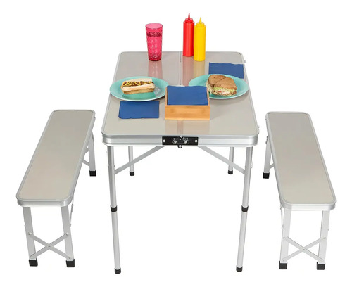 Kushiro Spalu03 Mesa Plegable Aluminio Con 2 Bancos Maletin Color Plateado
