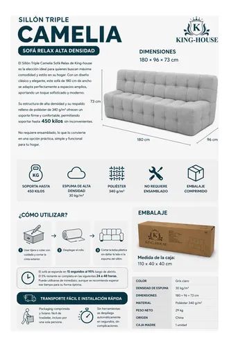 Sillón King-house Camelia 3 Cuerpos Compacto En Caja Gris Gris Liso